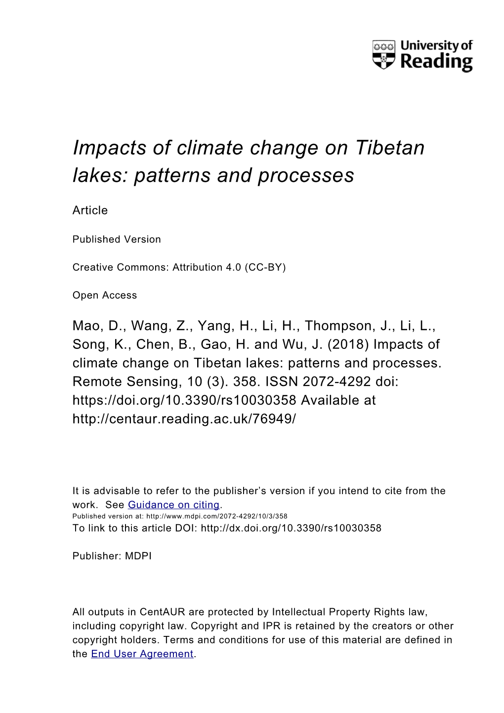 Impacts of Climate Change on Tibetan Lakes: Patterns and Processes