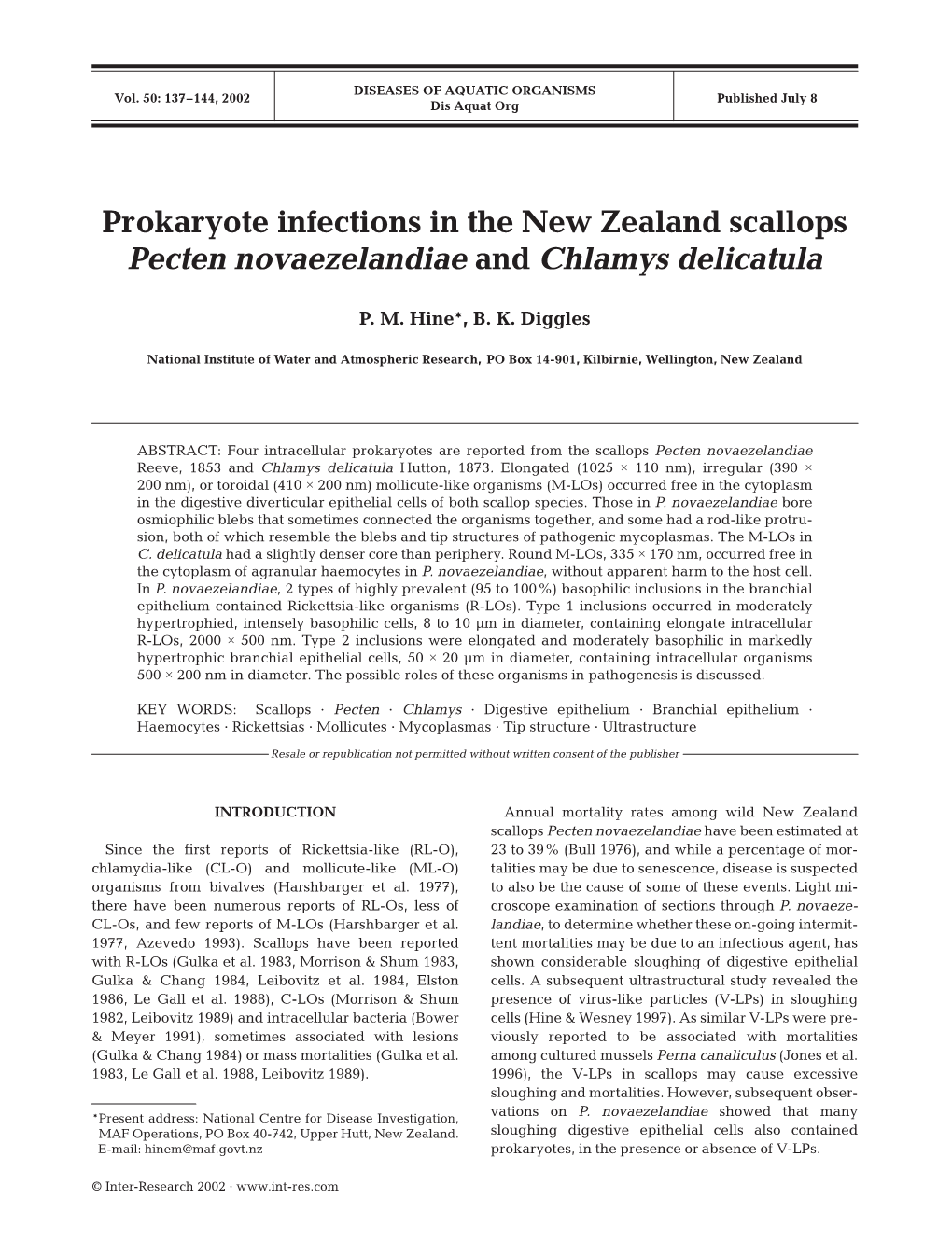 Prokaryote Infections in the New Zealand Scallops Pecten Novaezelandiae and Chlamys Delicatula