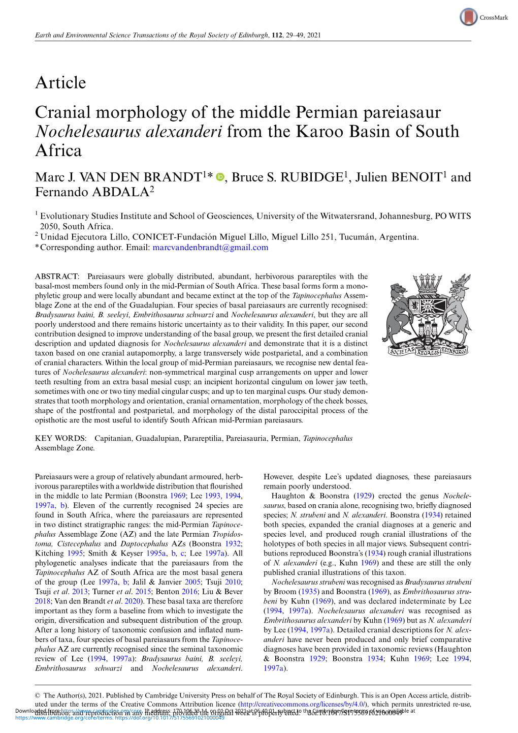 Article Cranial Morphology of the Middle Permian Pareiasaur Nochelesaurus Alexanderi from the Karoo Basin of South Africa Marc J