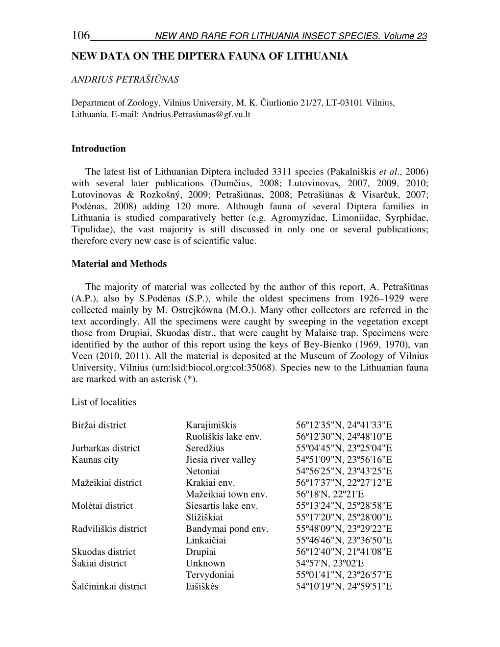 New Data on the Diptera Fauna of Lithuania