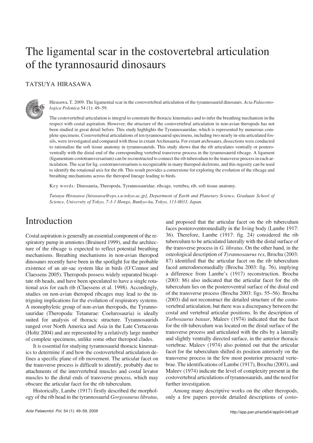 The Ligamental Scar in the Costovertebral Articulation of the Tyrannosaurid Dinosaurs