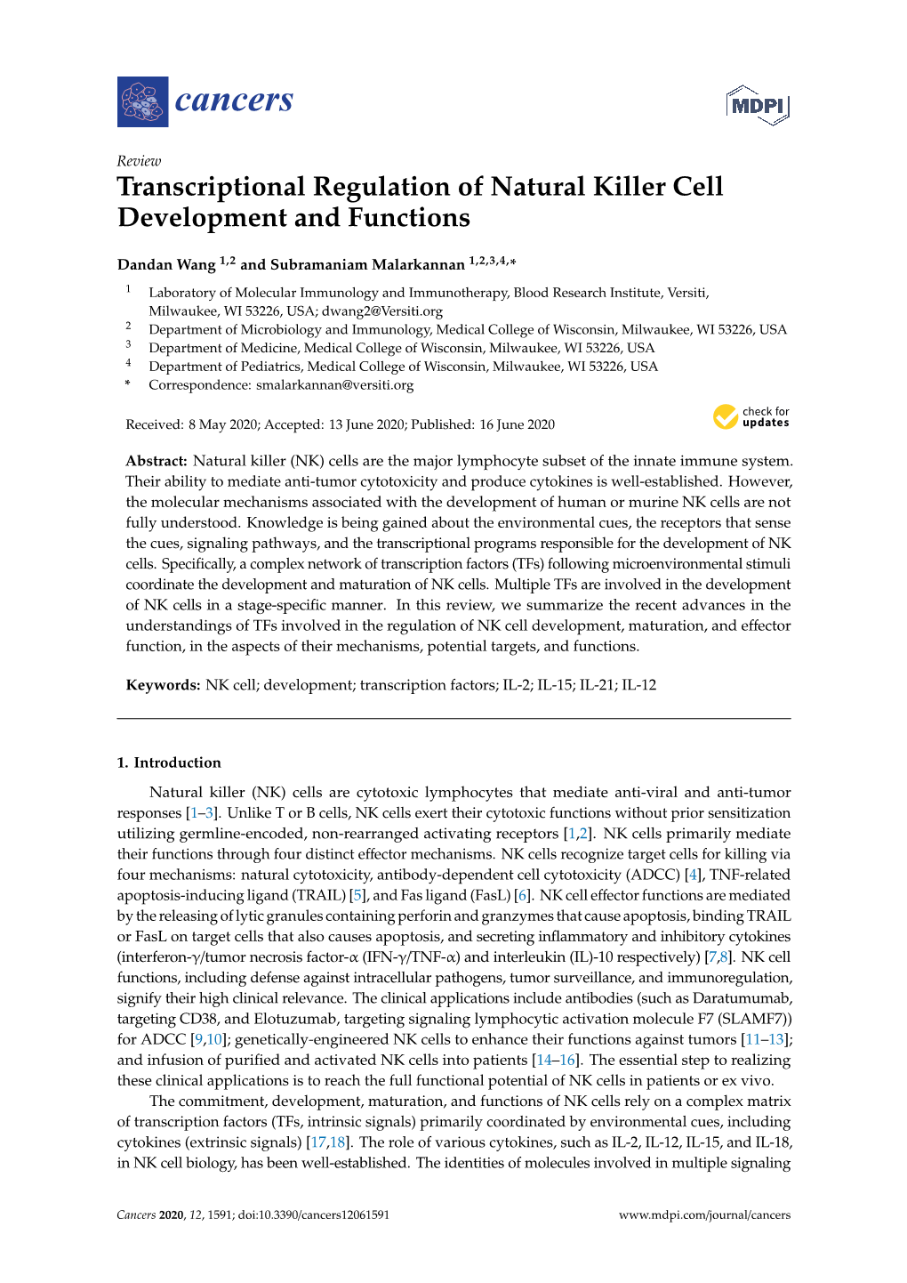 Transcriptional Regulation of Natural Killer Cell Development and Functions