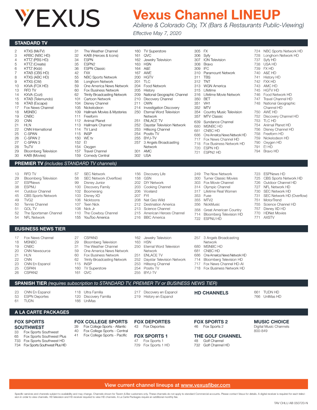 Vexus Channel LINEUP Abilene & Colorado City, TX (Bars & Restaurants Public-Viewing) Effective May 7, 2020