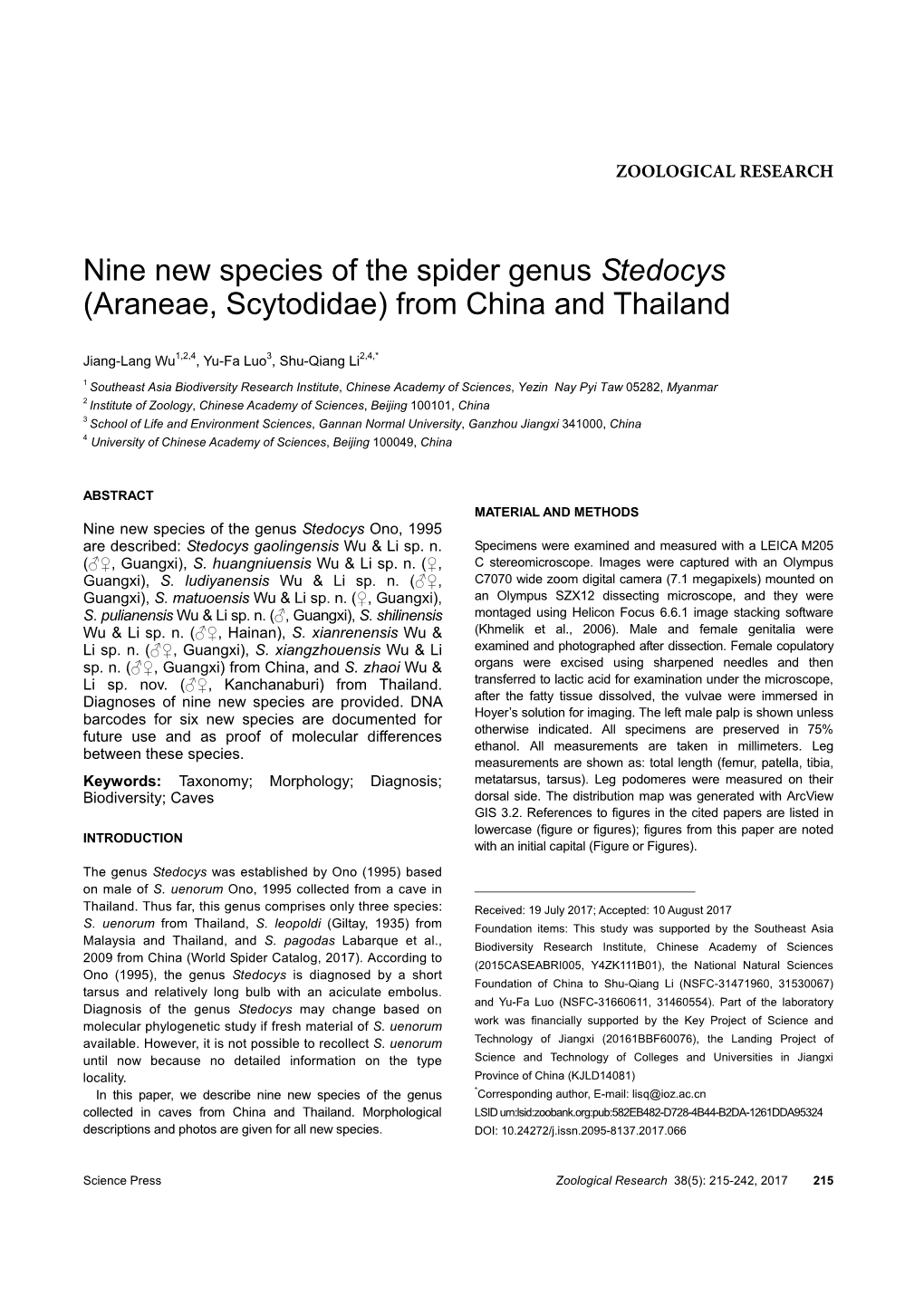 Nine New Species of the Spider Genus Stedocys (Araneae, Scytodidae) from China and Thailand