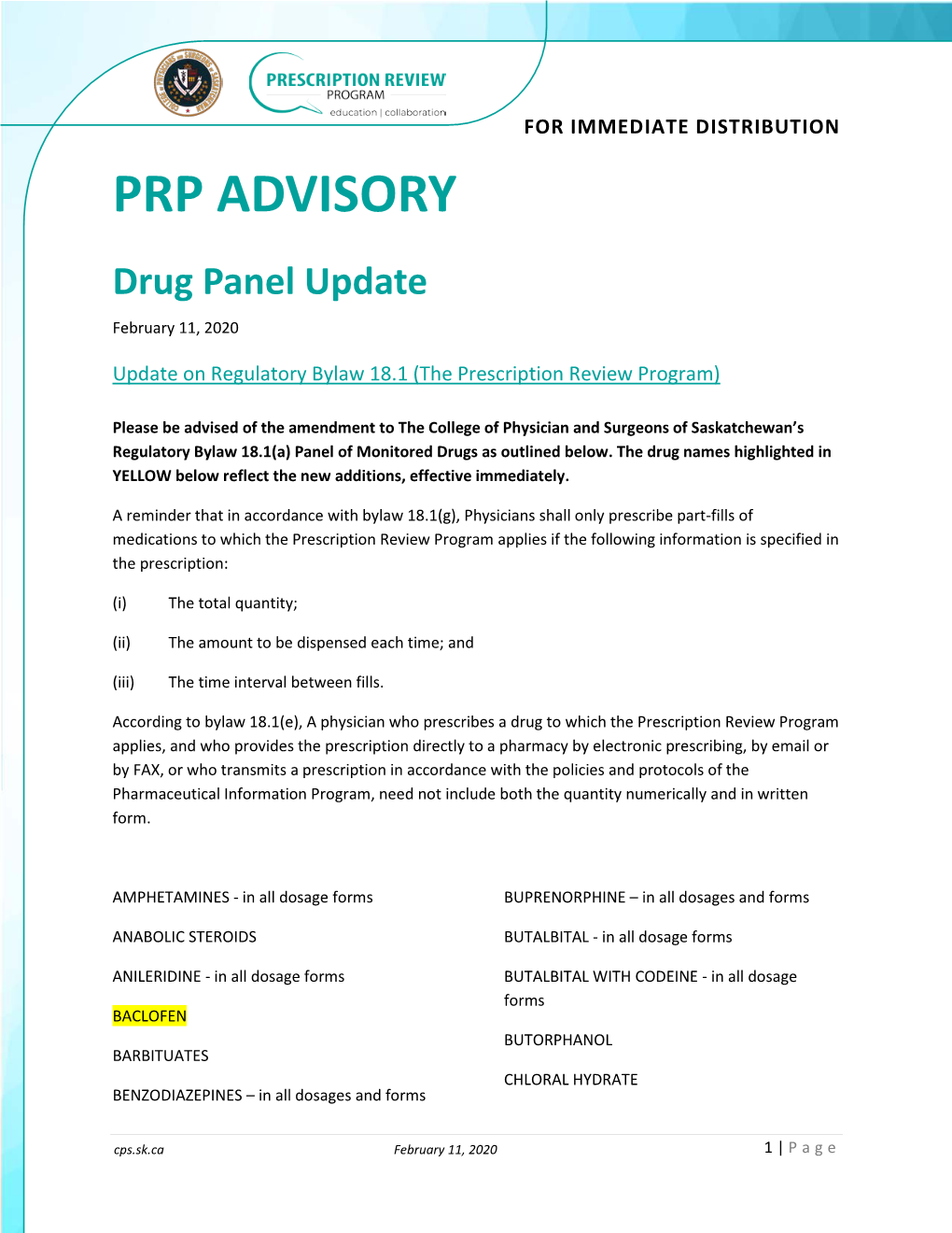 PRP ADVISORY Drug Panel Update February 11, 2020