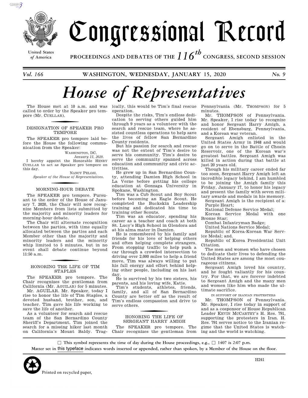 Congressional Record United States Th of America PROCEEDINGS and DEBATES of the 116 CONGRESS, SECOND SESSION