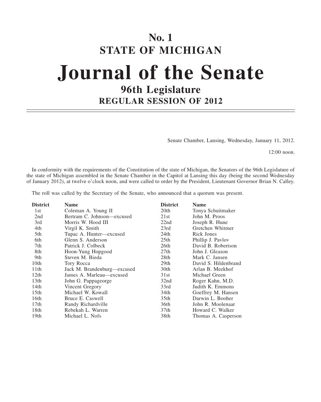 Journal of the Senate 96Th Legislature REGULAR SESSION of 2012
