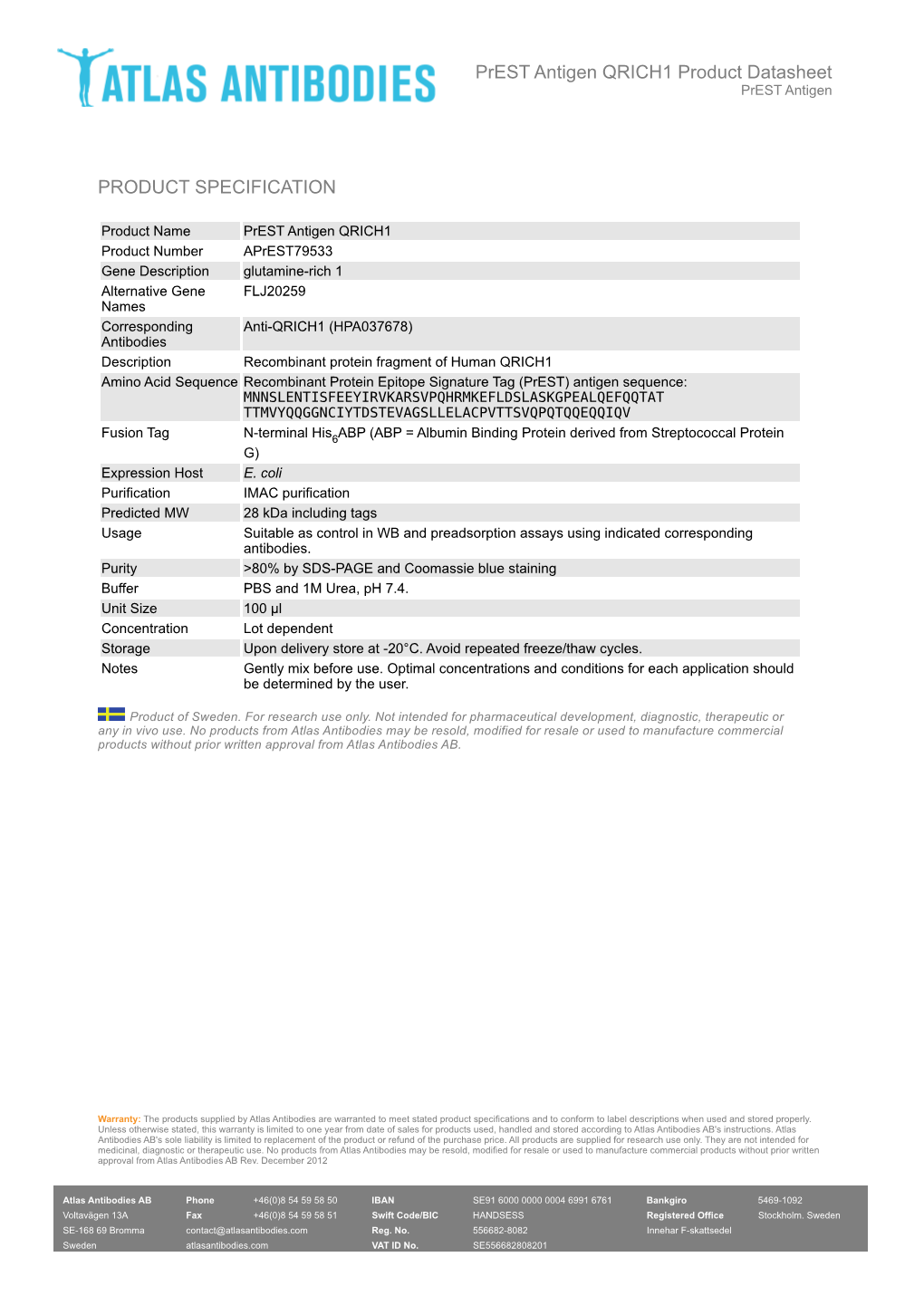 PRODUCT SPECIFICATION Prest Antigen QRICH1 Product Datasheet