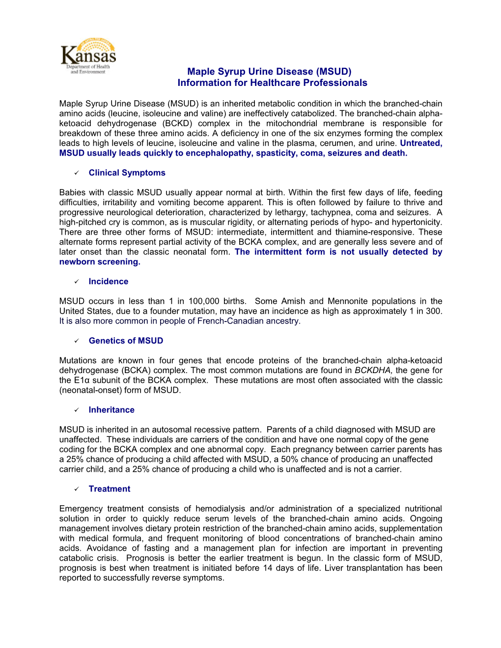 Maple Syrup Urine Disease (MSUD) Information for Healthcare Professionals