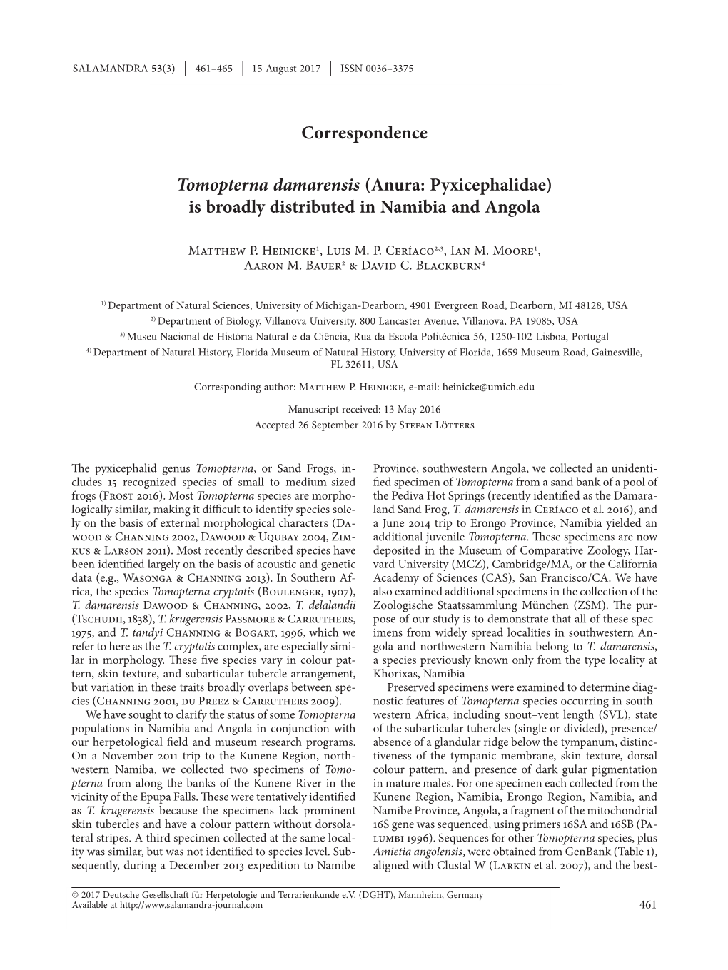 Tomopterna Damarensis (Anura: Pyxicephalidae) Is Broadly Distributed in Namibia and Angola