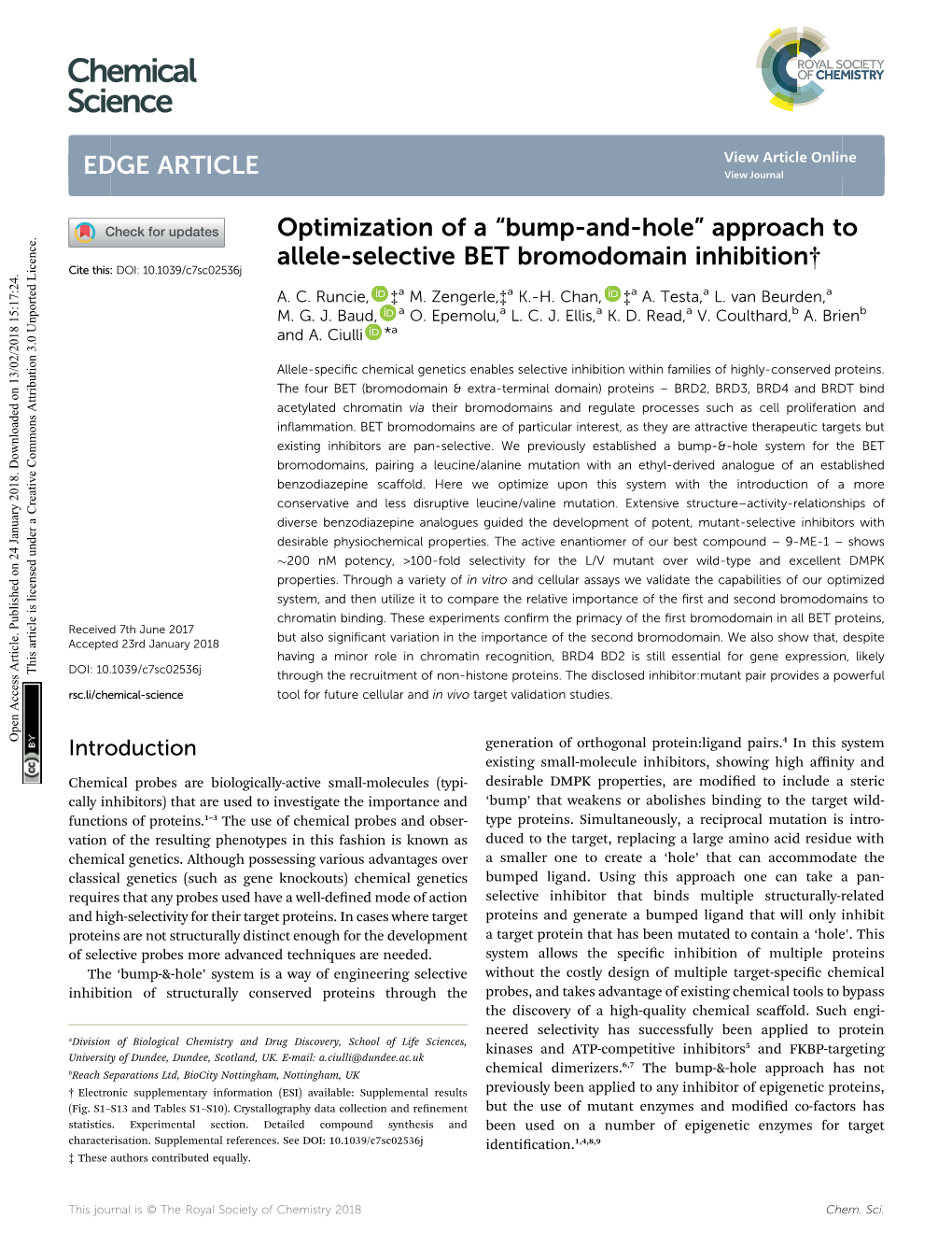 Approach to Allele-Selective BET Bromodomain Inhibition† Cite This: DOI: 10.1039/C7sc02536j A