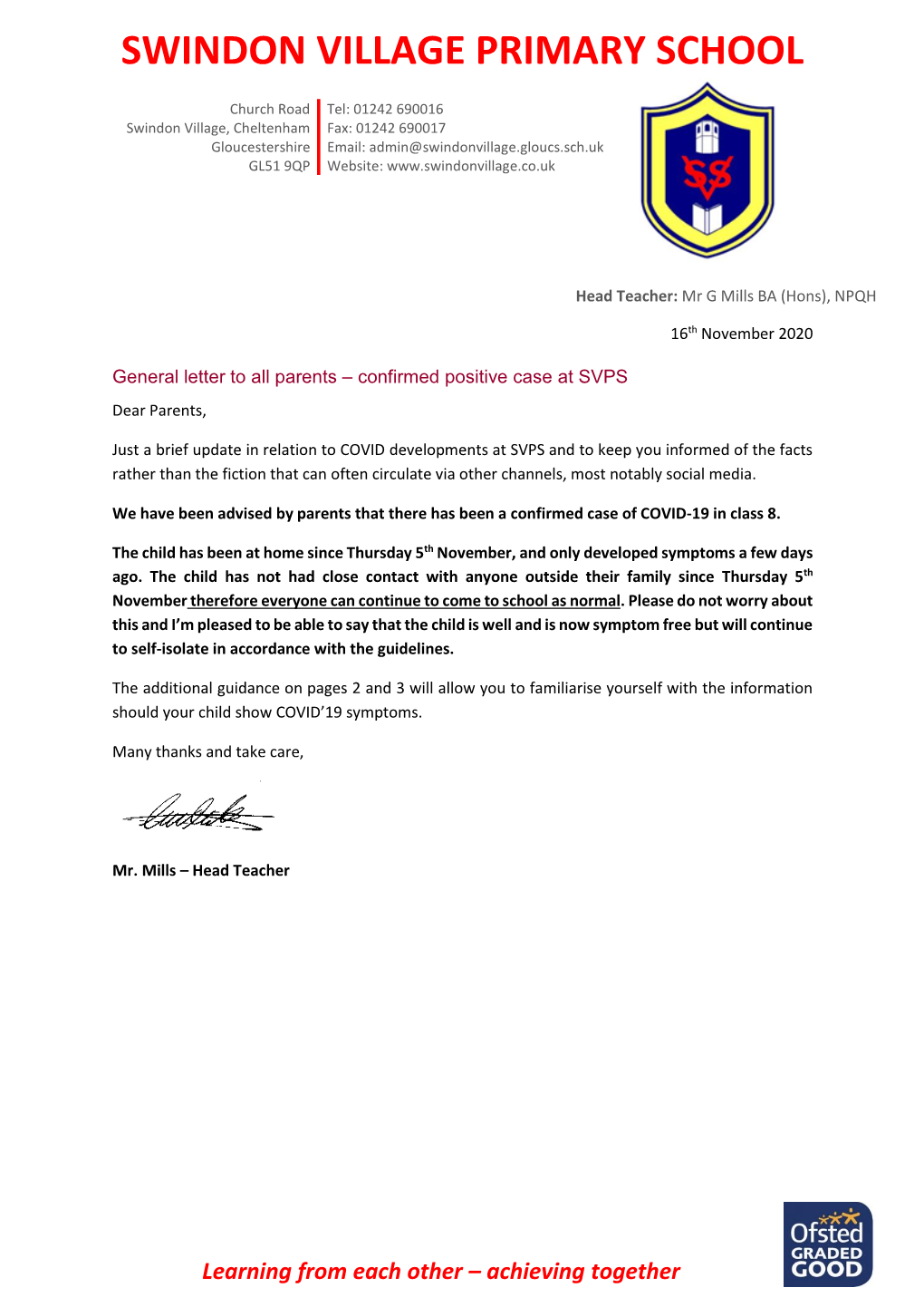 Confirmed Positive Case at SVPS Dear Parents