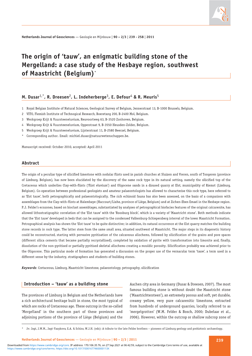 'Tauw', an Enigmatic Building Stone of the Mergelland: a Case Study of the Hesbaye Region, Southwest of Maastricht