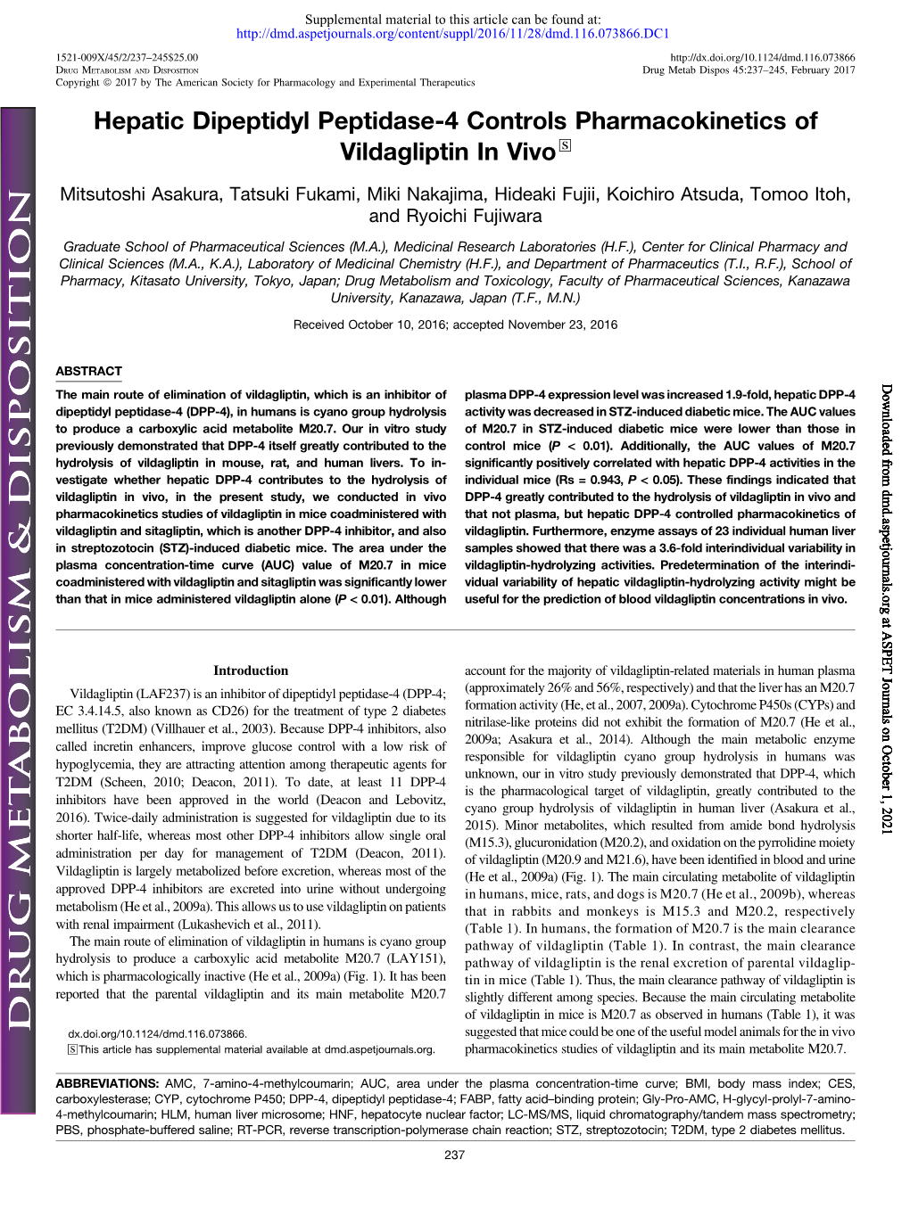 Hepatic Dipeptidyl Peptidase-4 Controls Pharmacokinetics of Vildagliptin in Vivo S