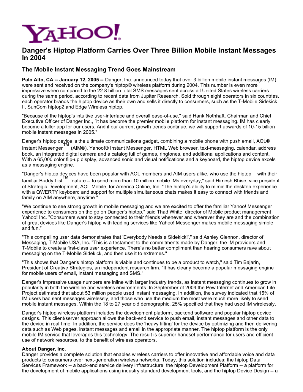 Danger's Hiptop Platform Carries Over Three Billion Mobile Instant Messages in 2004