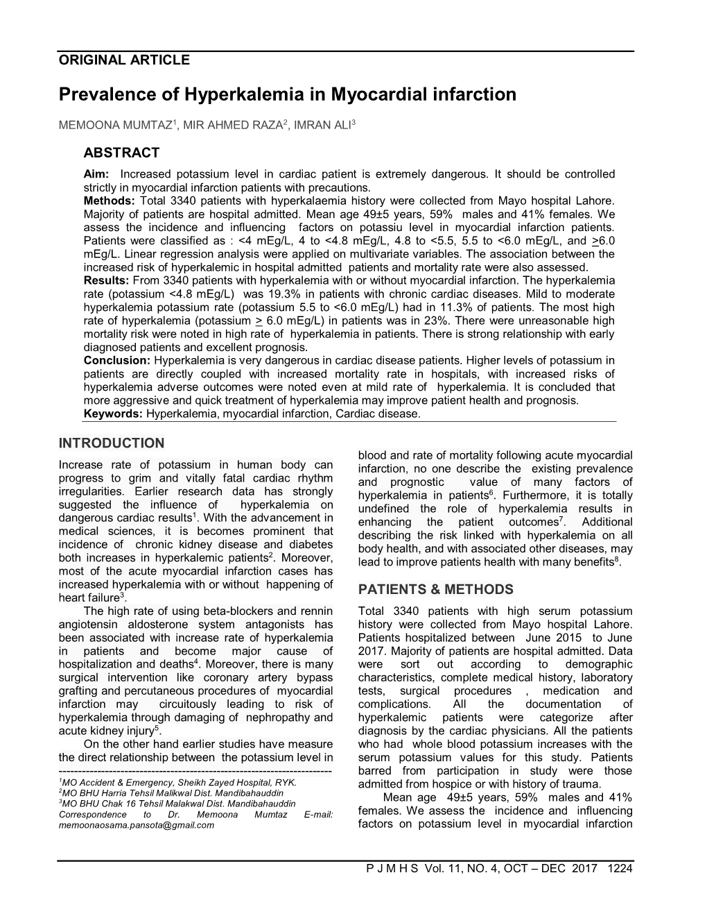 Prevalence of Hyperkalemia in Myocardial Infarction