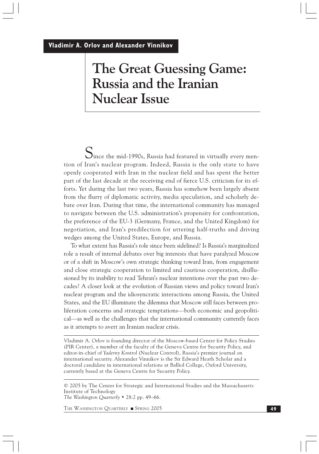 The Great Guessing Game: Russia and the Iranian Nuclear Issue