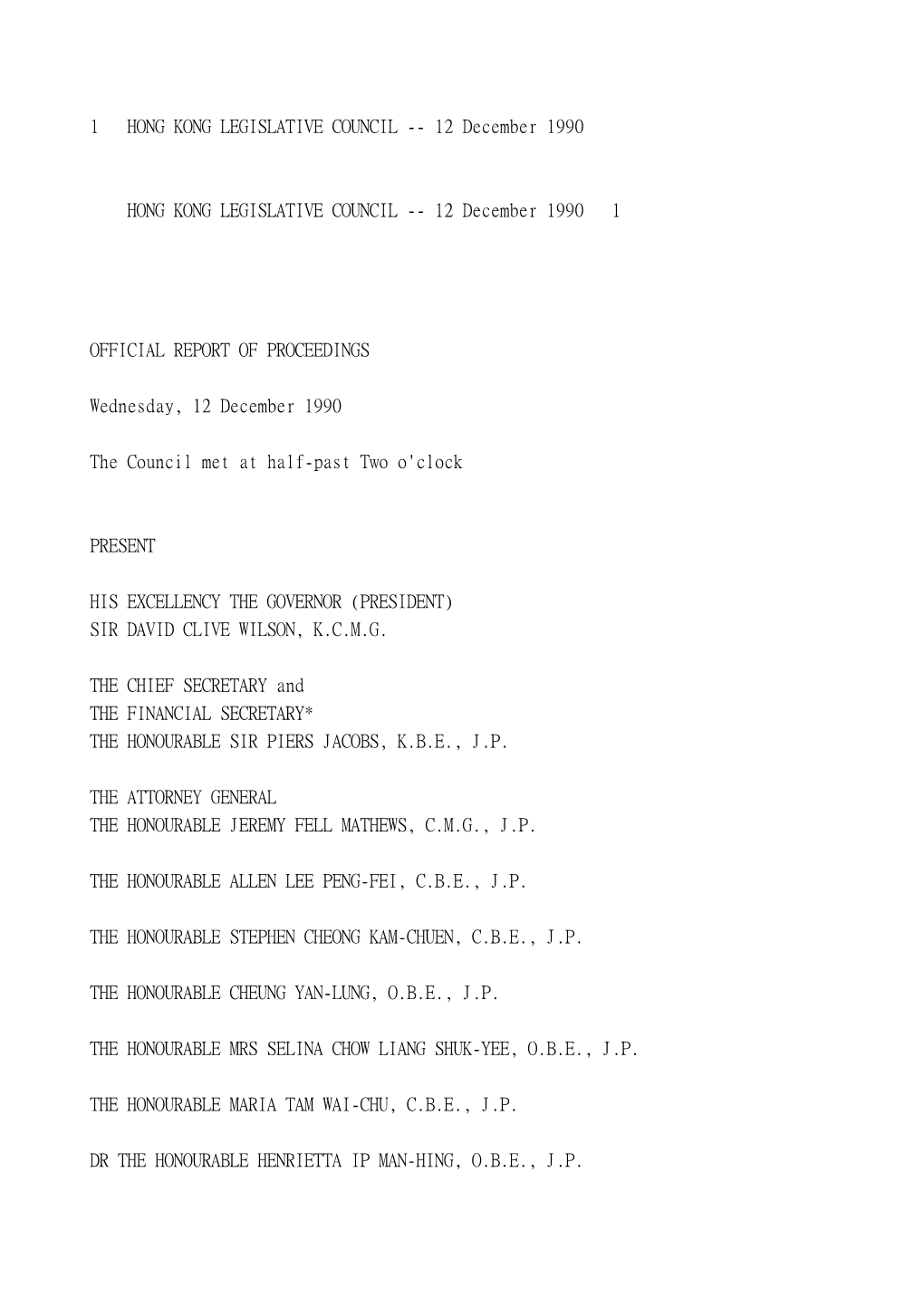 1 HONG KONG LEGISLATIVE COUNCIL -- 12 December 1990