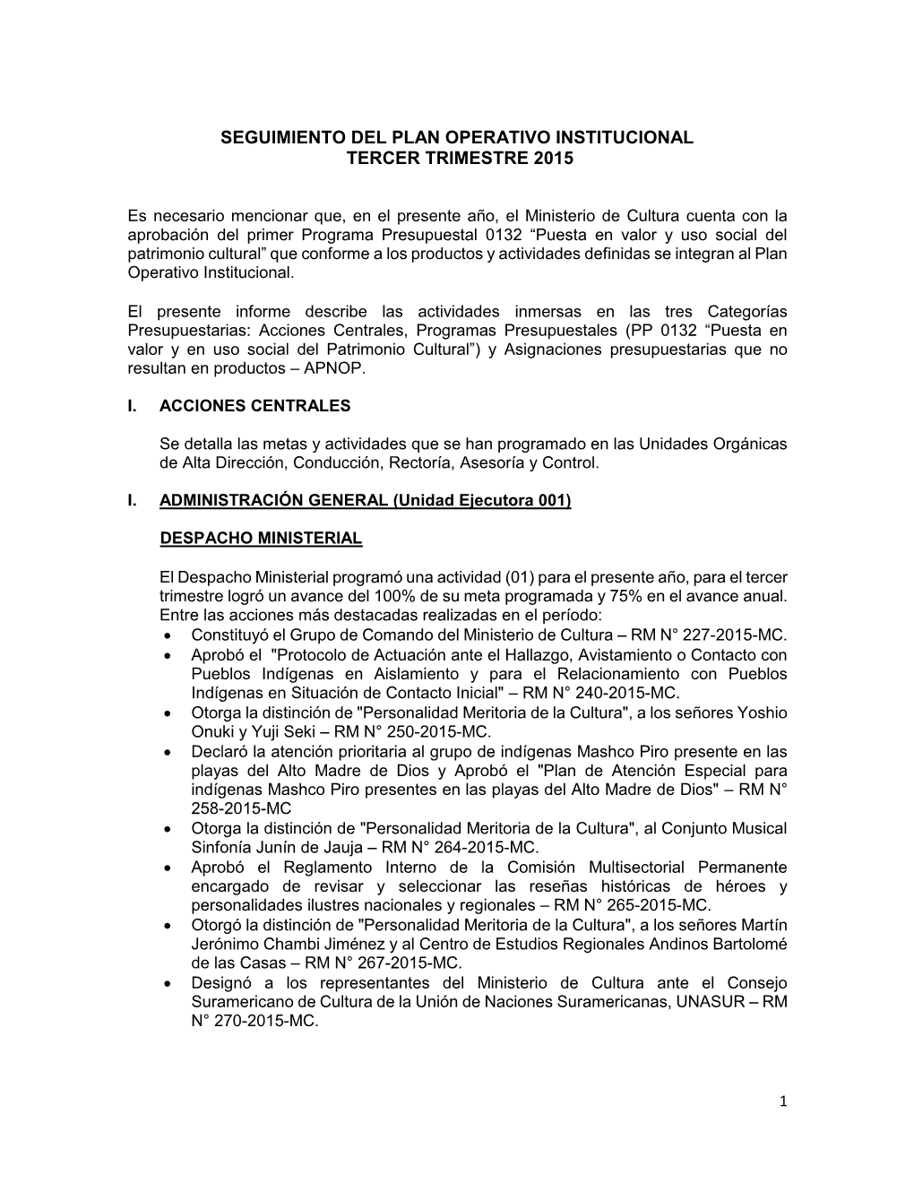 Seguimiento Del Plan Operativo Institucional Tercer Trimestre 2015