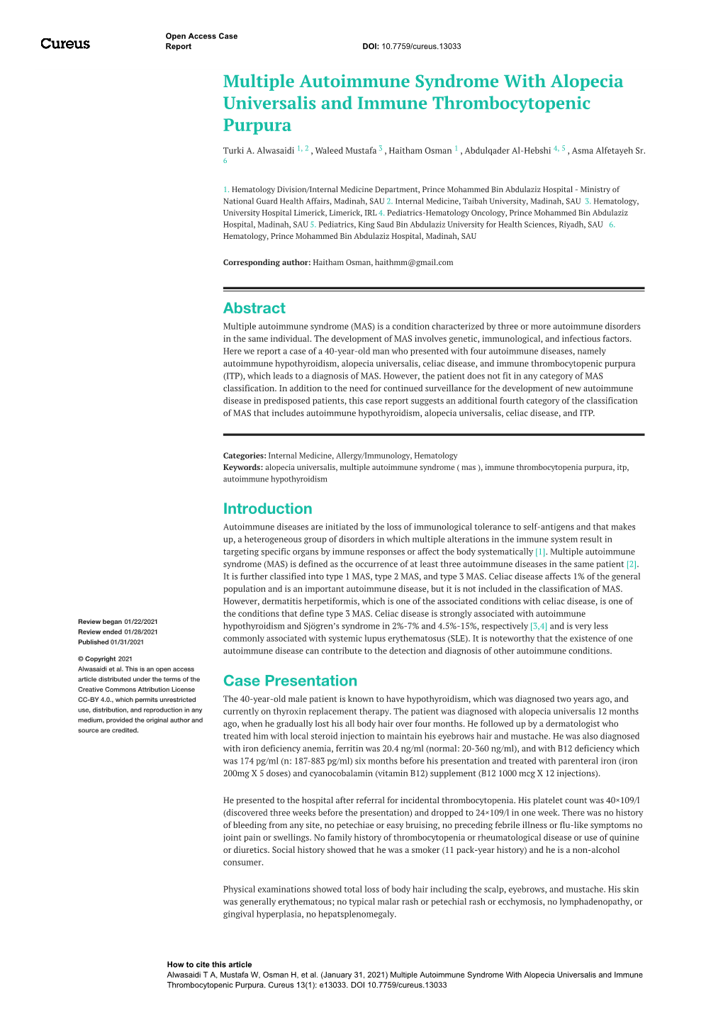 Multiple Autoimmune Syndrome with Alopecia Universalis and Immune Thrombocytopenic Purpura