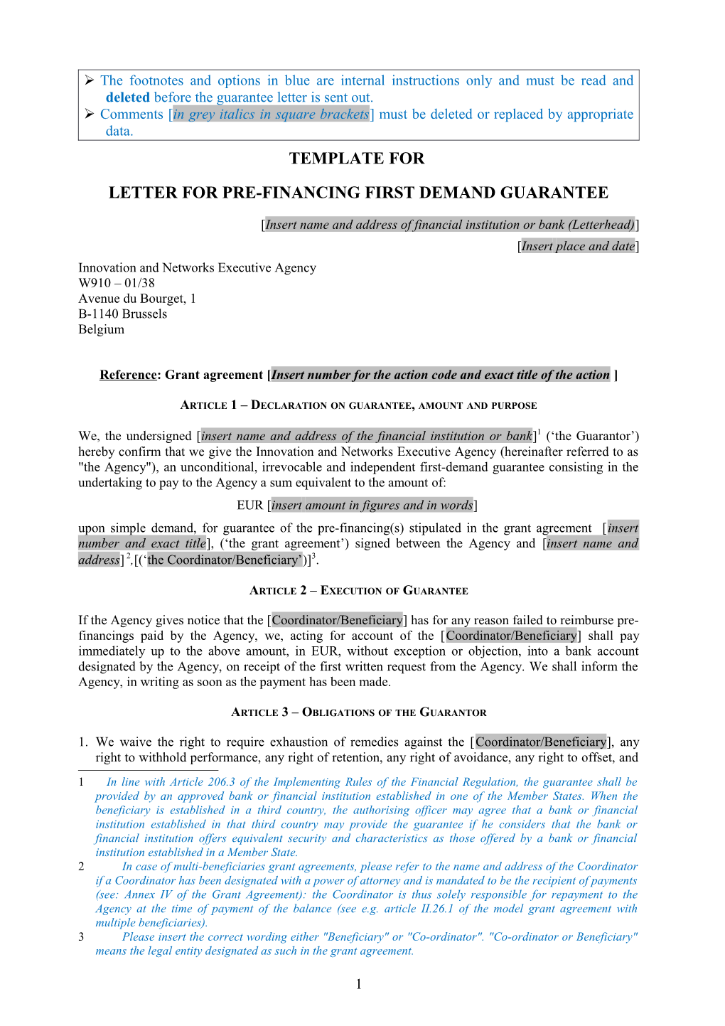 Letter for Pre-Financing First Demand Guarantee