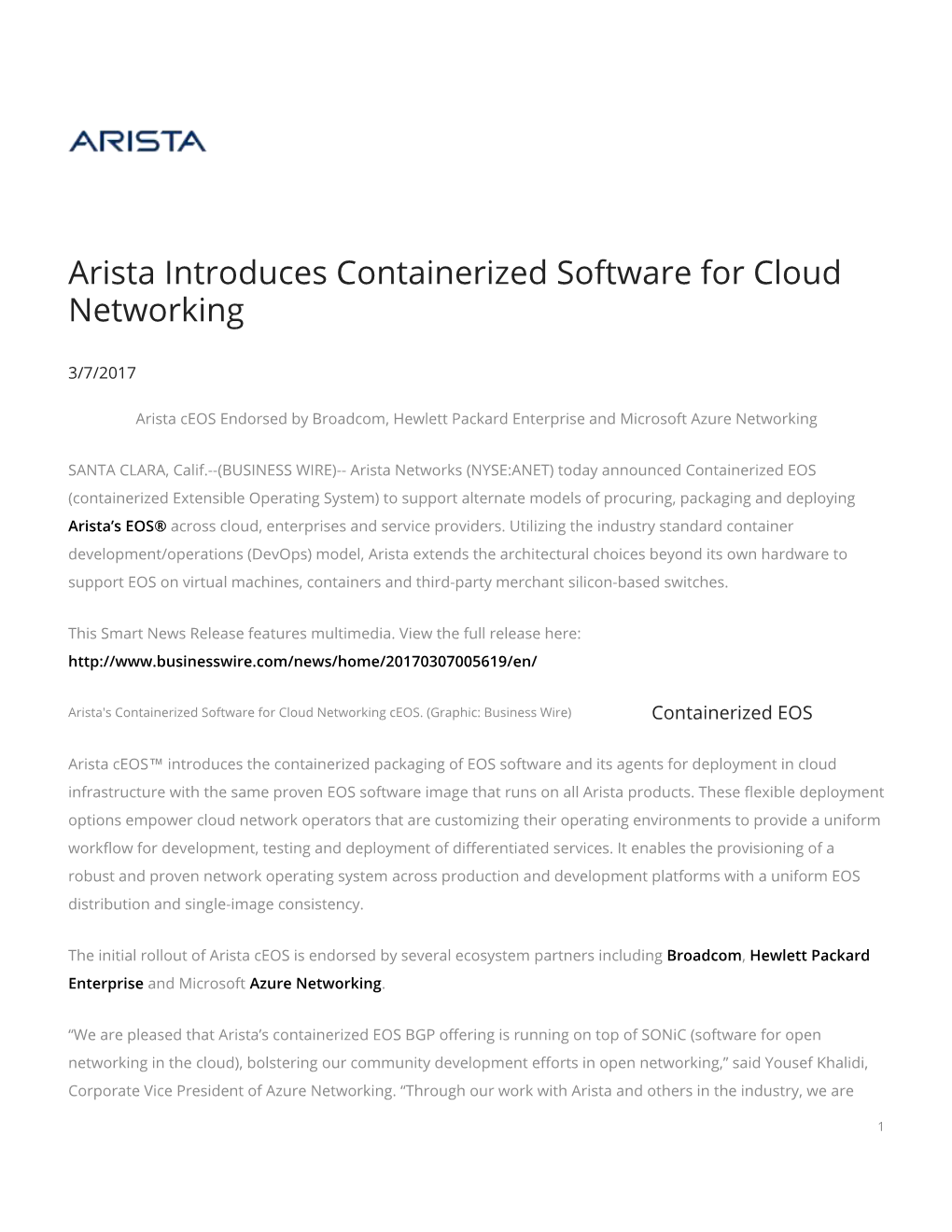 Arista Introduces Containerized Software for Cloud Networking