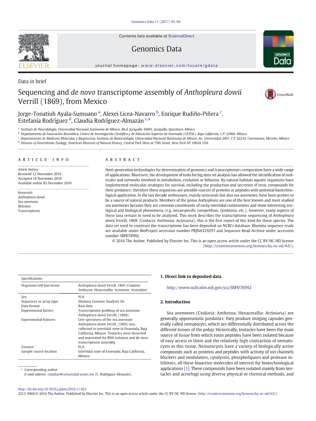 Sequencing and De Novo Transcriptome Assembly of Anthopleura Dowii Verrill (1869), from Mexico