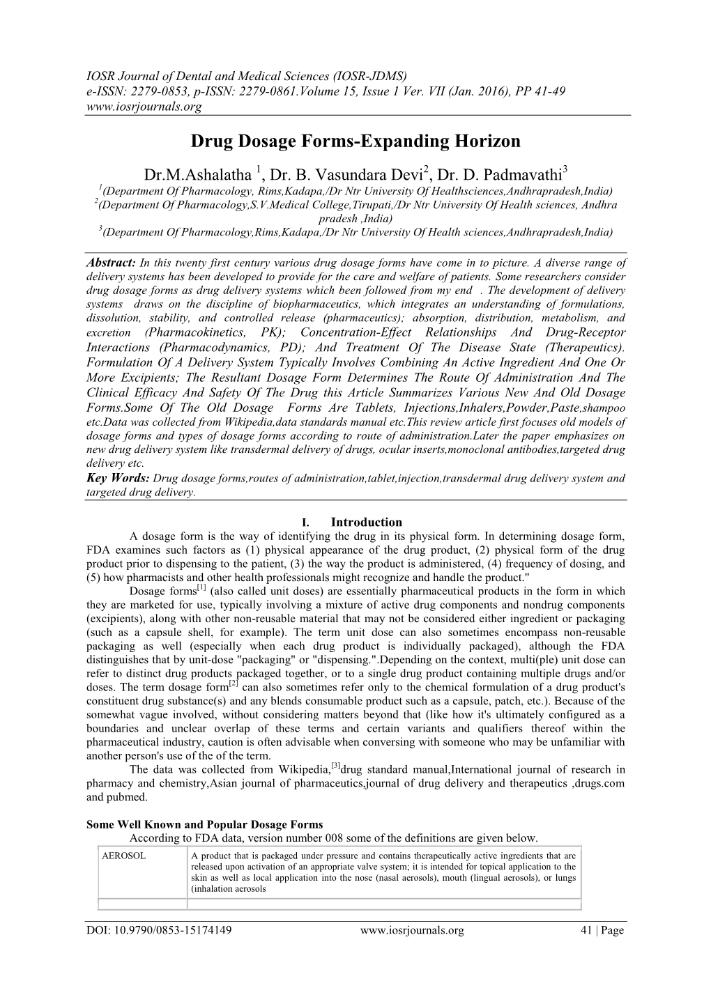 Drug Dosage Forms-Expanding Horizon