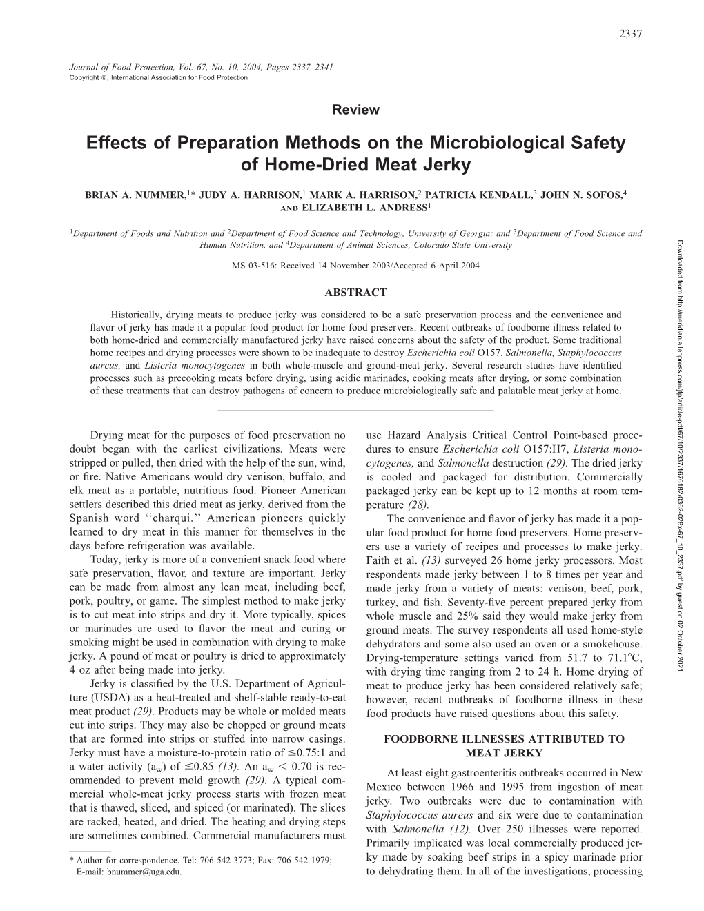 Effects of Preparation Methods on the Microbiological Safety of Home-Dried Meat Jerky