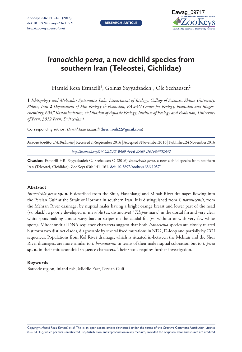 Iranocichla Persa, a New Cichlid Species from Southern Iran (Teleostei, Cichlidae)