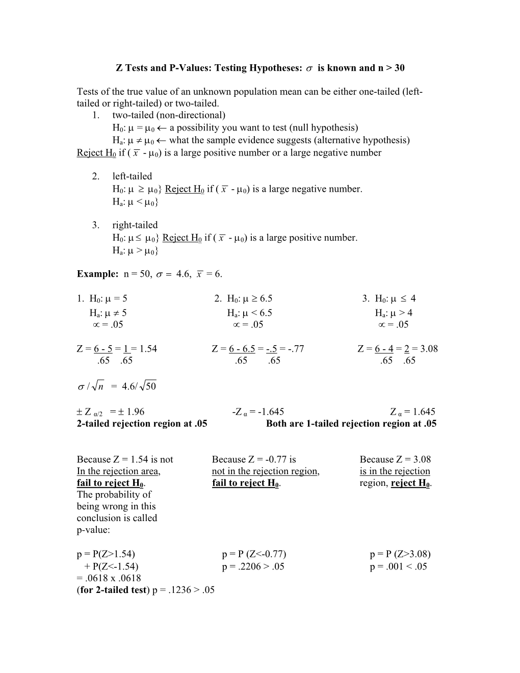 Z Tests and P-Values: Hypothesis Testing for X in a Large Sample