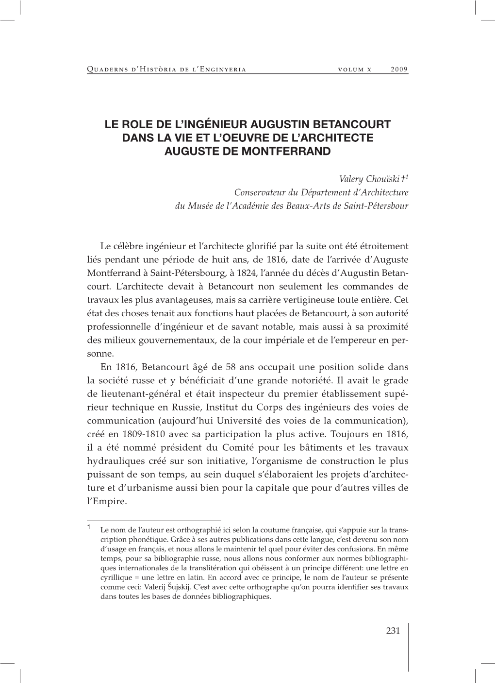 Le Role De L'ingénieur Augustin Betancourt Dans La Vie Et L'oeuvre De L'architecte Auguste De Montferrand