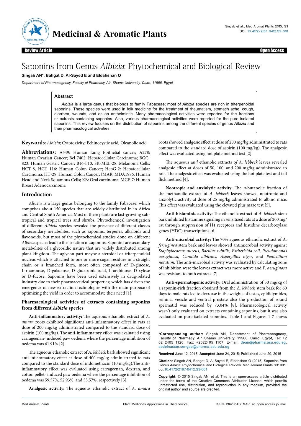 Saponins from Genus Albizia: Phytochemical and Biological Review