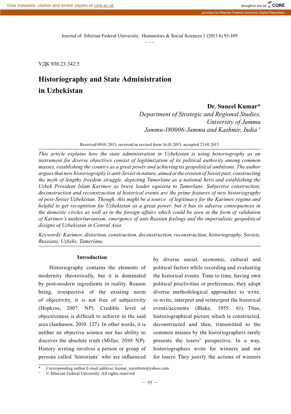 Historiography and State Administration in Uzbekistan