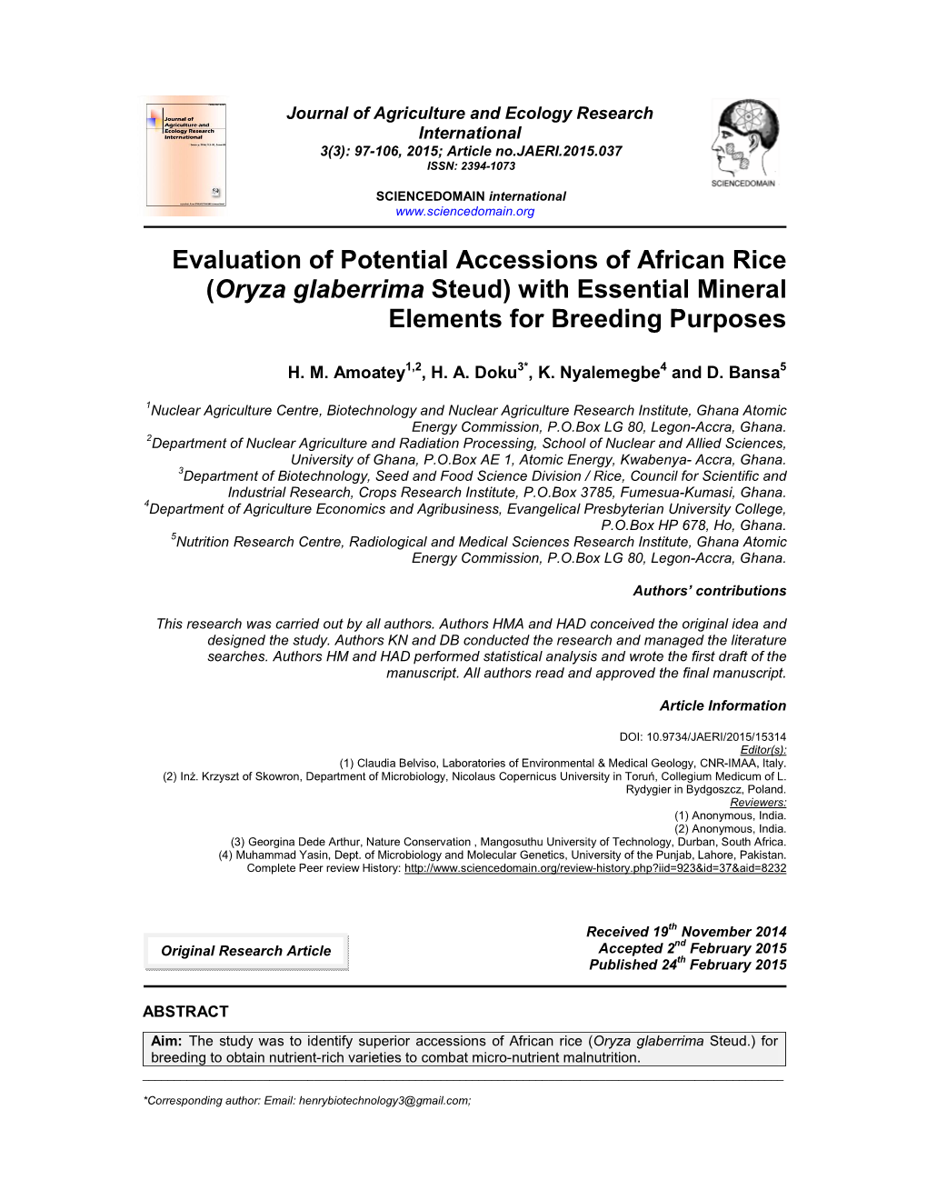 Evaluation of Potential Accessions of African Rice (Oryza Glaberrima Steud) with Essential Mineral Elements for Breeding Purposes