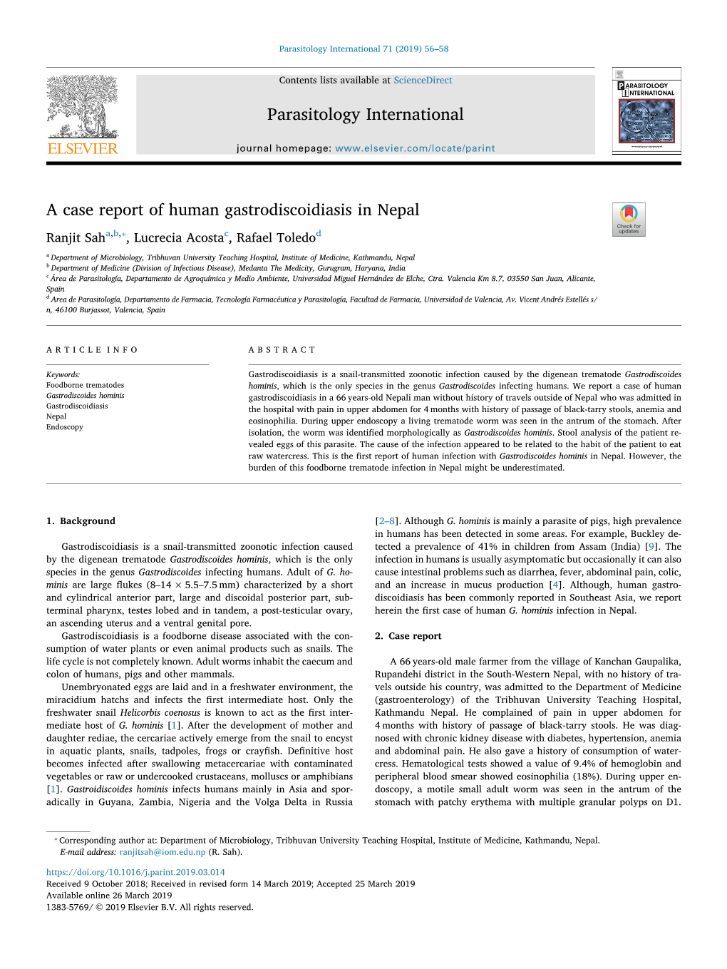 Parasitology International 71 (2019) 56–58