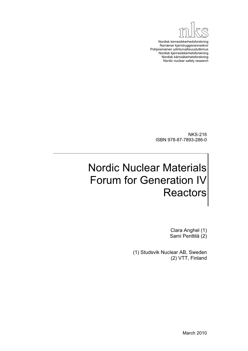 NKS-216, Nordic Nuclear Materials Forum for Generation IV Reactors