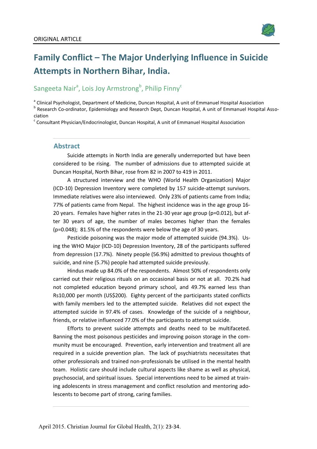 Family Conflict – the Major Underlying Influence in Suicide Attempts in Northern Bihar, India