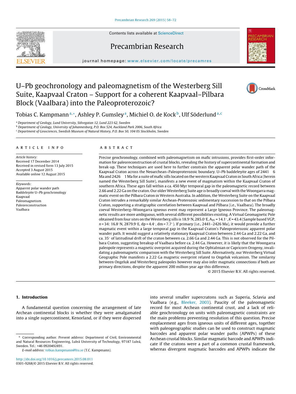 U–Pb Geochronology and Paleomagnetism of the Westerberg Sill Suite, Kaapvaal Craton