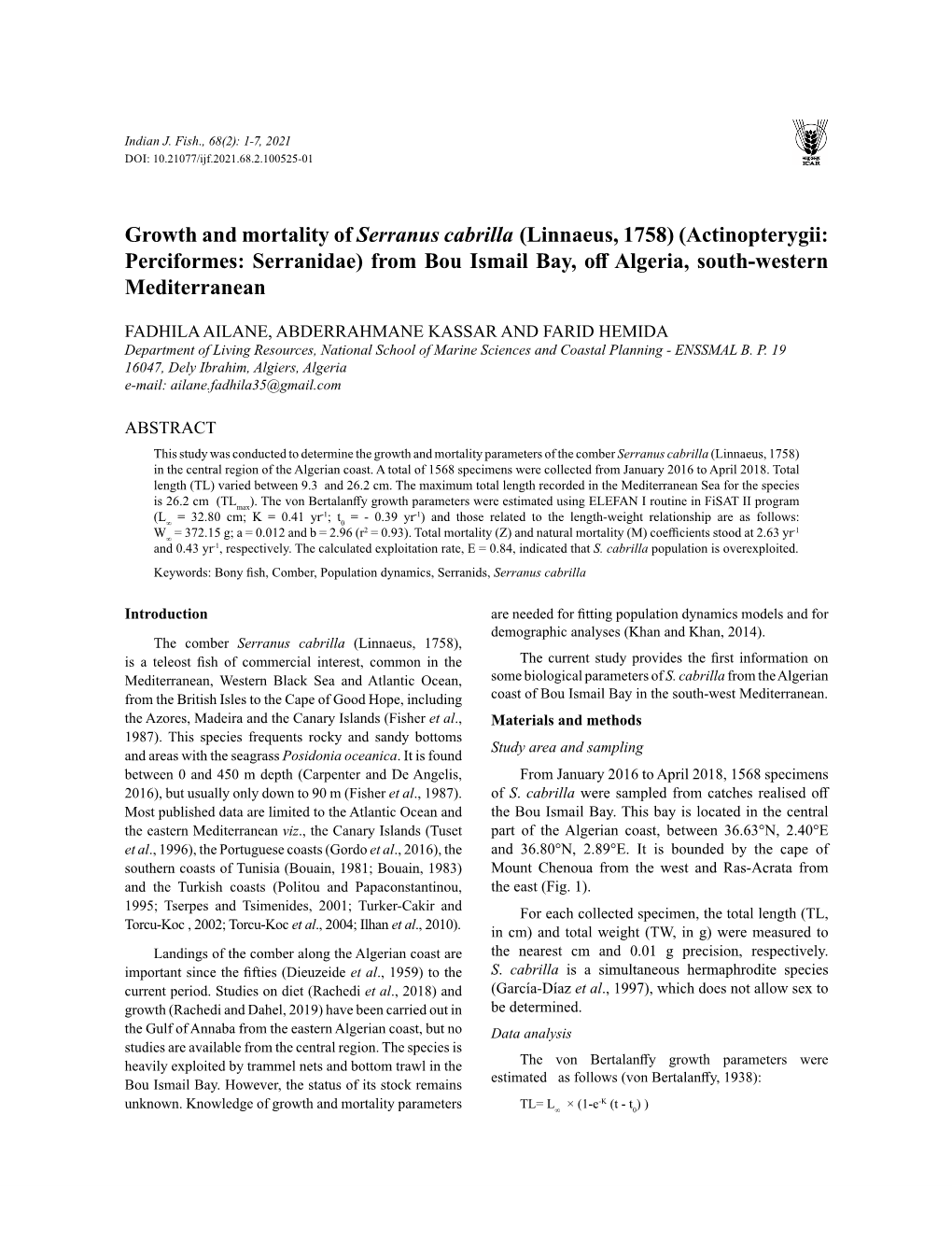 Growth and Mortality of Serranus Cabrilla (Linnaeus, 1758) (Actinopterygii: Perciformes: Serranidae) from Bou Ismail Bay, Off Algeria, South-Western Mediterranean