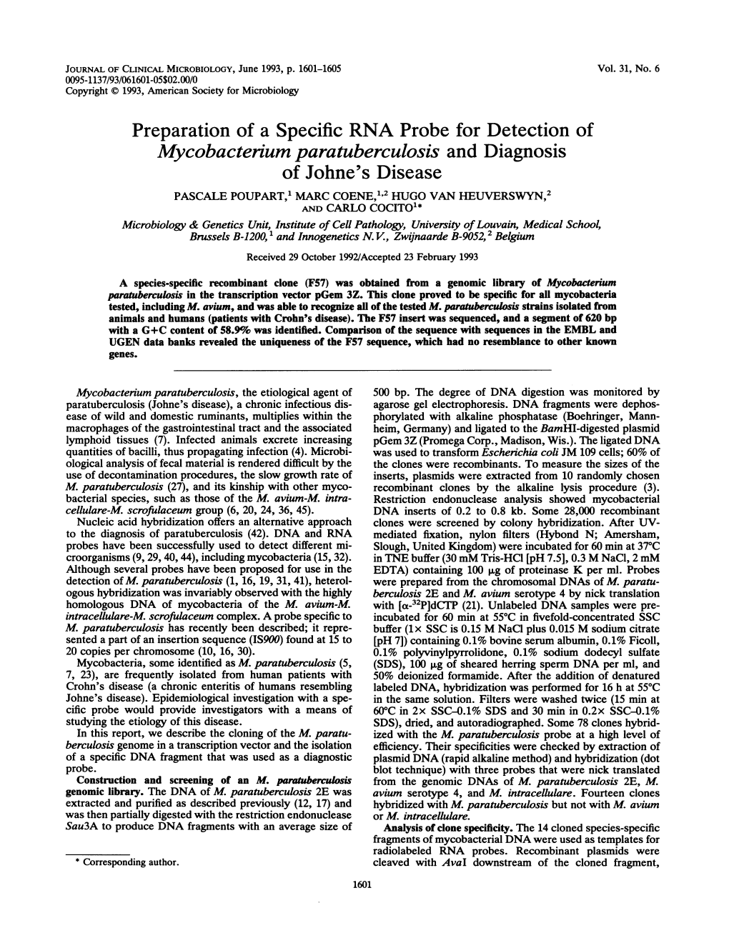 Preparation of a Specific RNA Probe for Detection of Mycobacterium