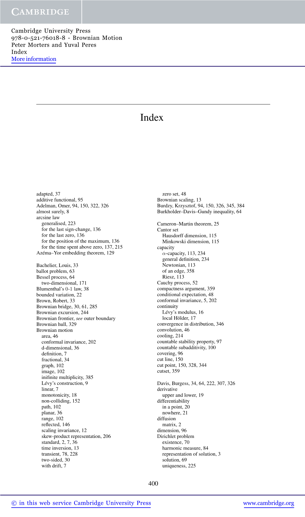 Brownian Motion Peter Morters and Yuval Peres Index More Information