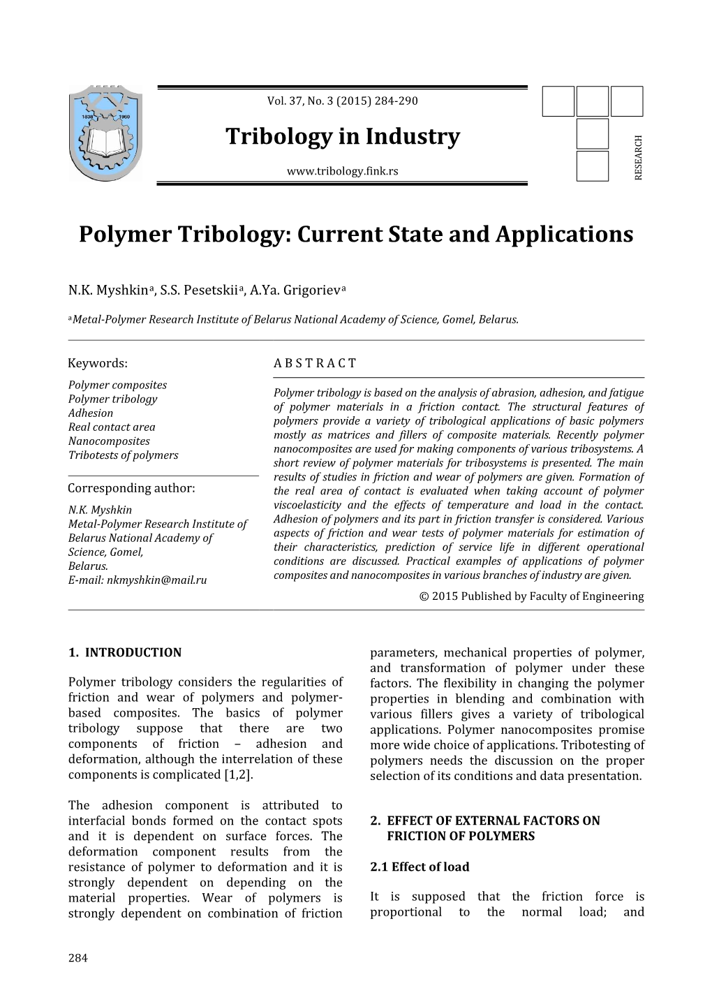 Tribology in Industry Polymer Tribology: Current State And