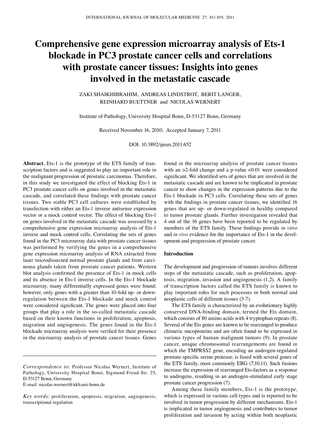 Comprehensive Gene Expression Microarray Analysis of Ets-1 Blockade in PC3 Prostate Cancer Cells and Correlations with Prostate