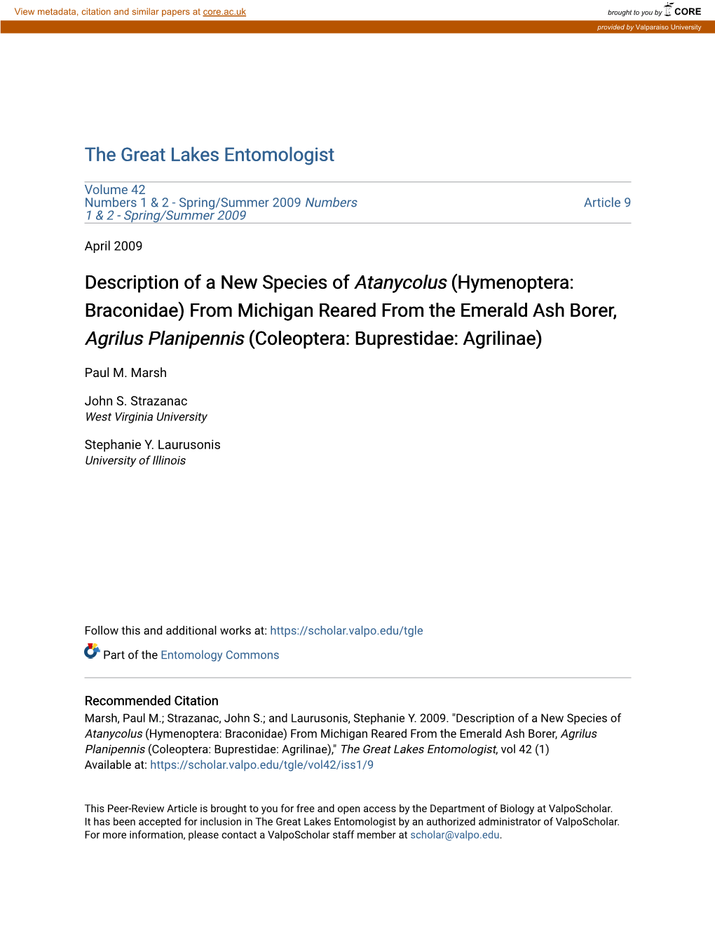 Hymenoptera: Braconidae) from Michigan Reared from the Emerald Ash Borer, Agrilus Planipennis (Coleoptera: Buprestidae: Agrilinae)