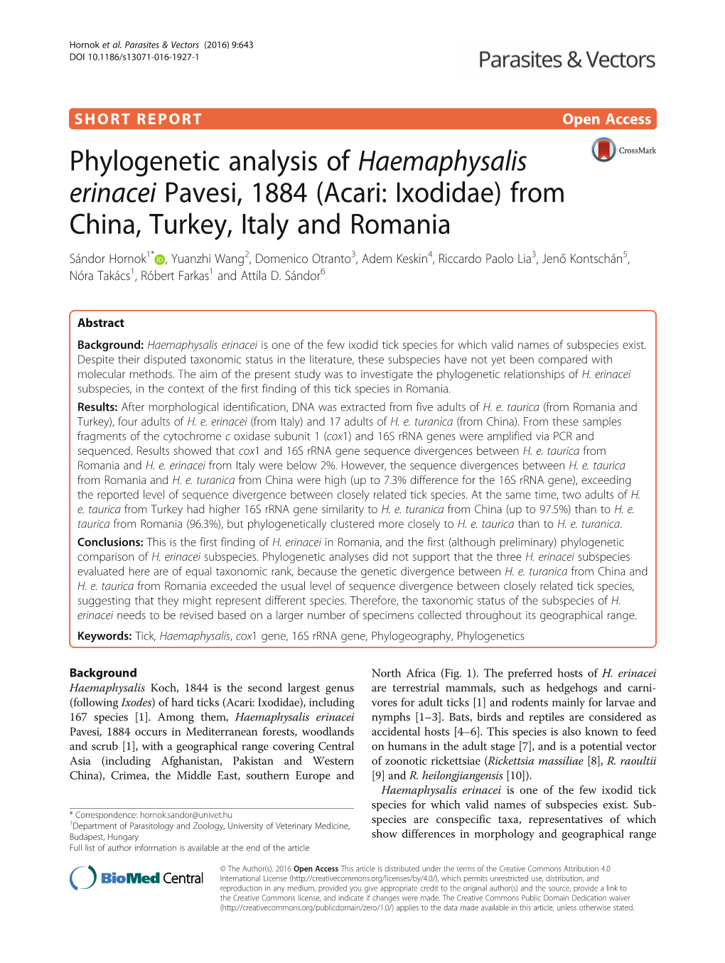 Phylogenetic Analysis of Haemaphysalis Erinacei Pavesi, 1884