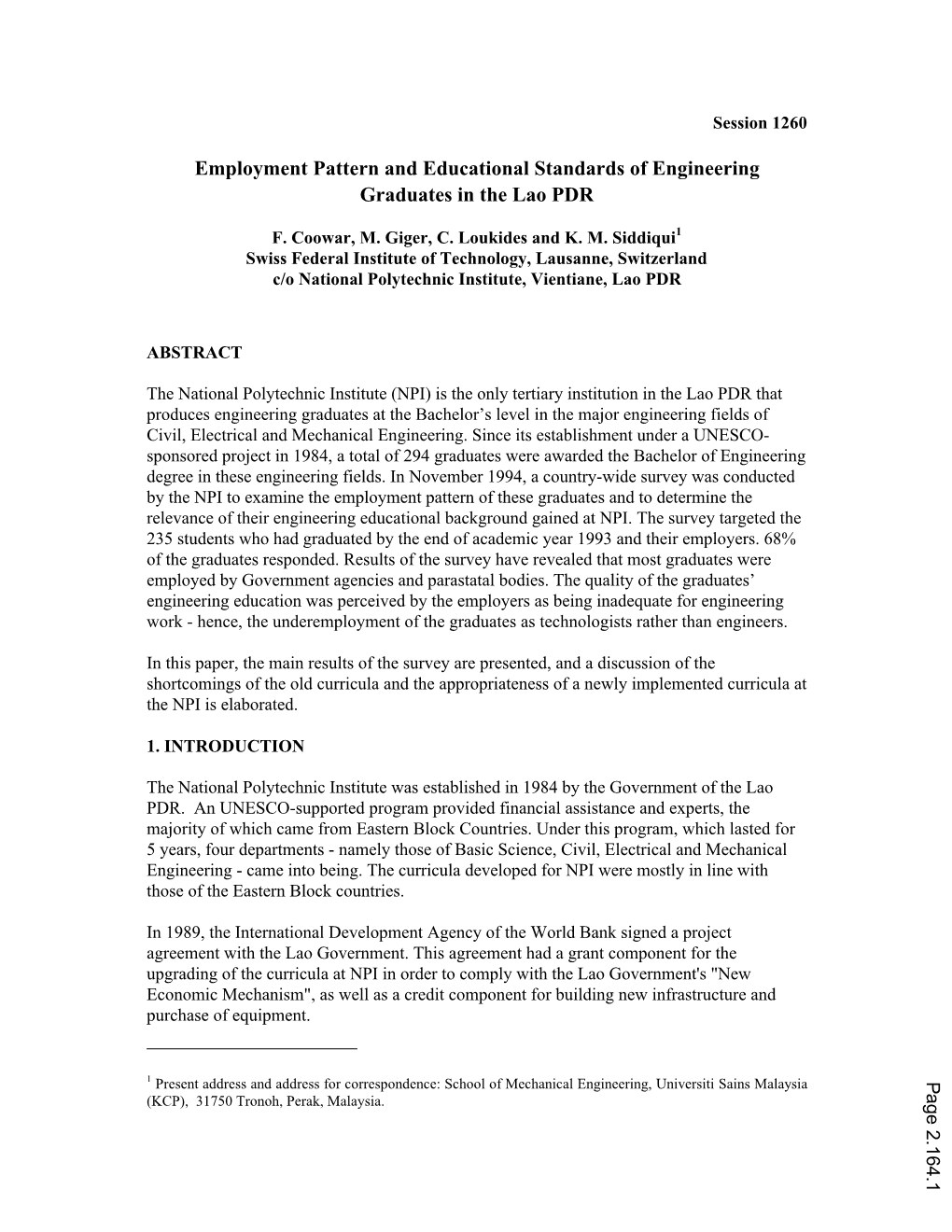 Employment Pattern and Educational Standards of Engineering Graduates in the Lao PDR