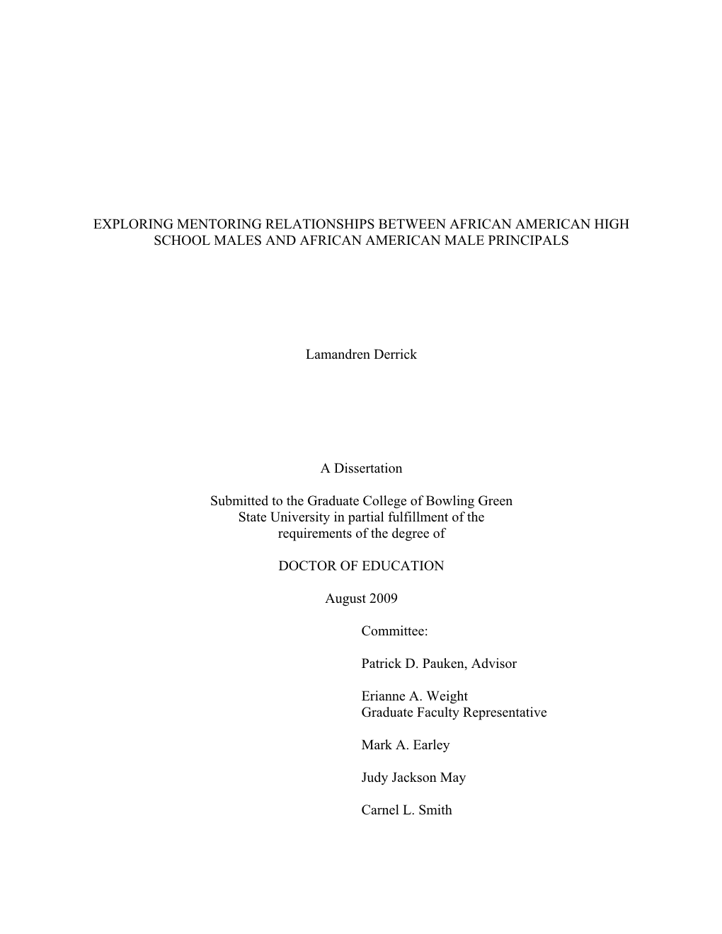 Exploring Mentoring Relationships Between African American High School Males and African American Male Principals