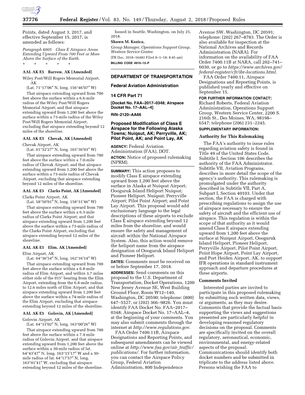 Federal Register/Vol. 83, No. 149/Thursday, August 2, 2018