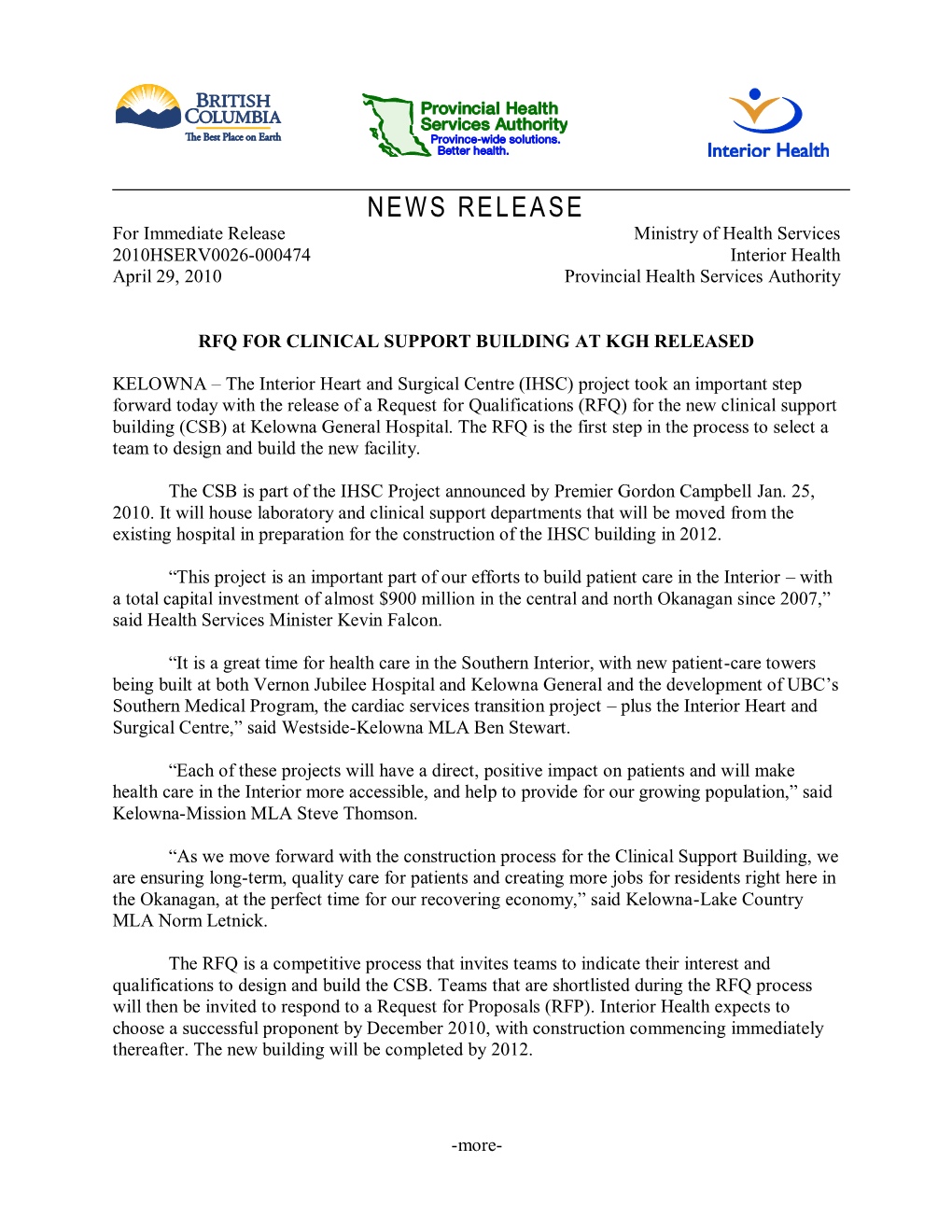 NEWS RELEASE for Immediate Release Ministry of Health Services 2010HSERV0026-000474 Interior Health April 29, 2010 Provincial Health Services Authority